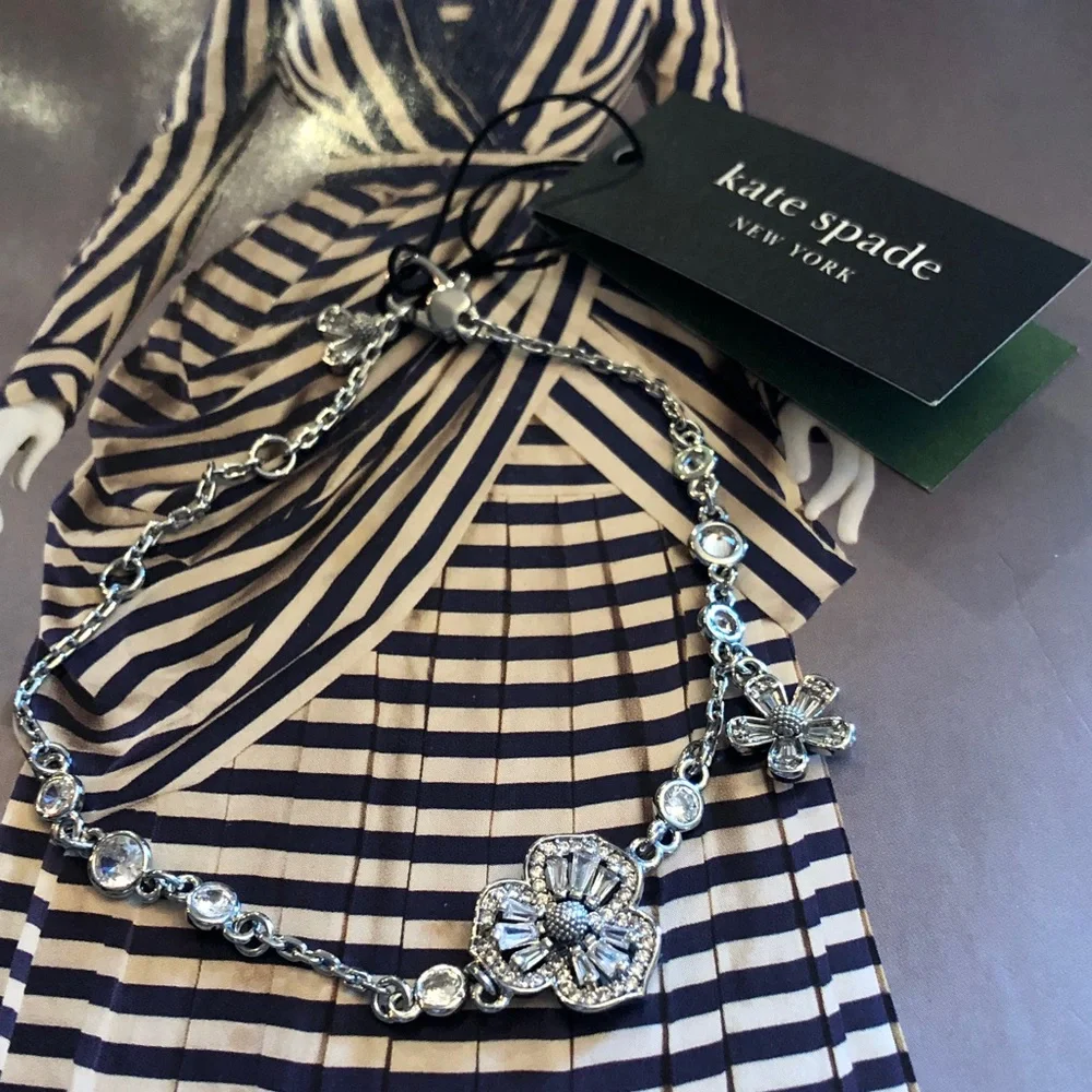 Authentic New/tag kate spade Silver Floral Crystal Bracelet with Clear Stones - Picture 2 of 8